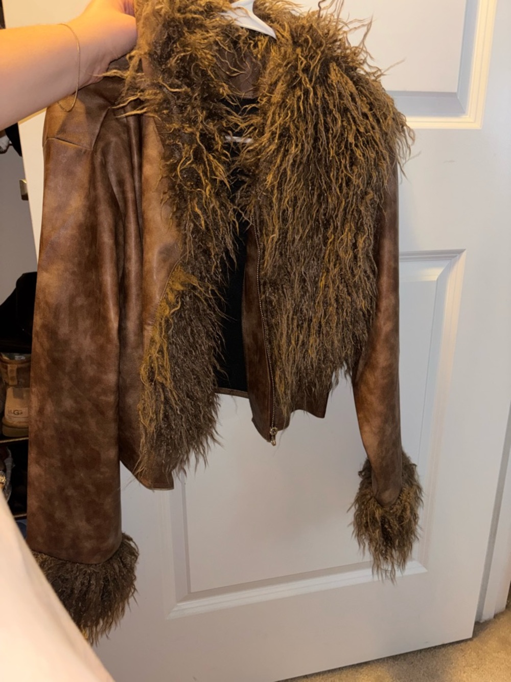 SHEIN Brown Faux-Fur Trimmed Leather-Look Jacket